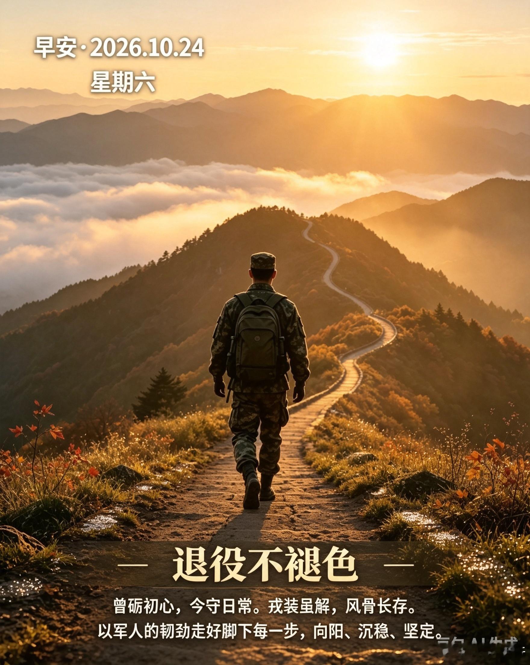 正能量、励志、经典语录合集[超话] 2026年10月24日，星期六，早安✨曾踏风雪砺初心，今朝守志赴日常。戎装虽解，风骨长存。沉下心走好眼前路，以军人的韧劲，从容向阳，不负来路，不负时光。——初心如磐，笃行致远 早安心语战狼正能量 ​​​