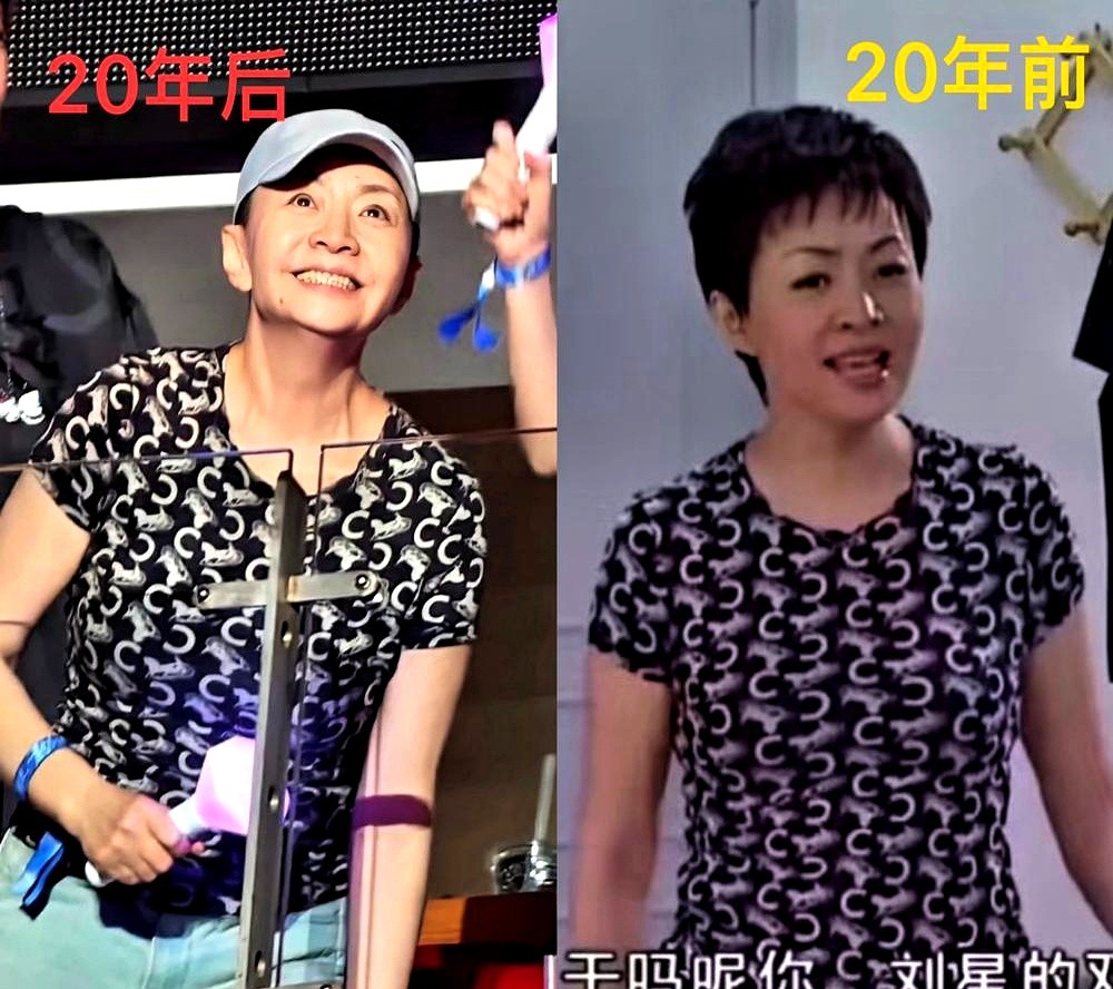 65岁宋丹丹坐在那英演唱会观众席，硬是靠一件旧T恤把热搜炸了。

镜头扫过，眼尖的网友瞬间认出这件彩色拼布短袖。这不是什么高定新款，而是她压箱底20年的私服。

这件老款短袖，2005年拍家有儿女时刘梅穿过，2012年演金太狼又套在身上。如今时隔20年，穿在65岁的宋丹丹身上，肩线没塌，腰围没崩，布
