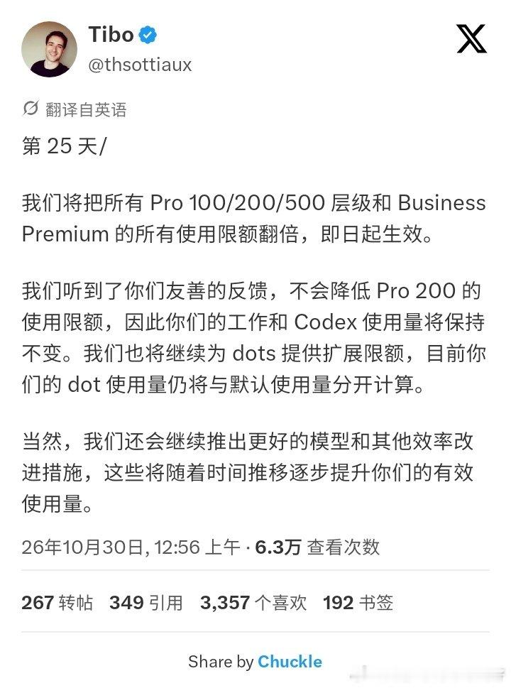笑死，GPT Pro 20x额度又不砍了，之前送的Credits补偿不是白送了😂 ​