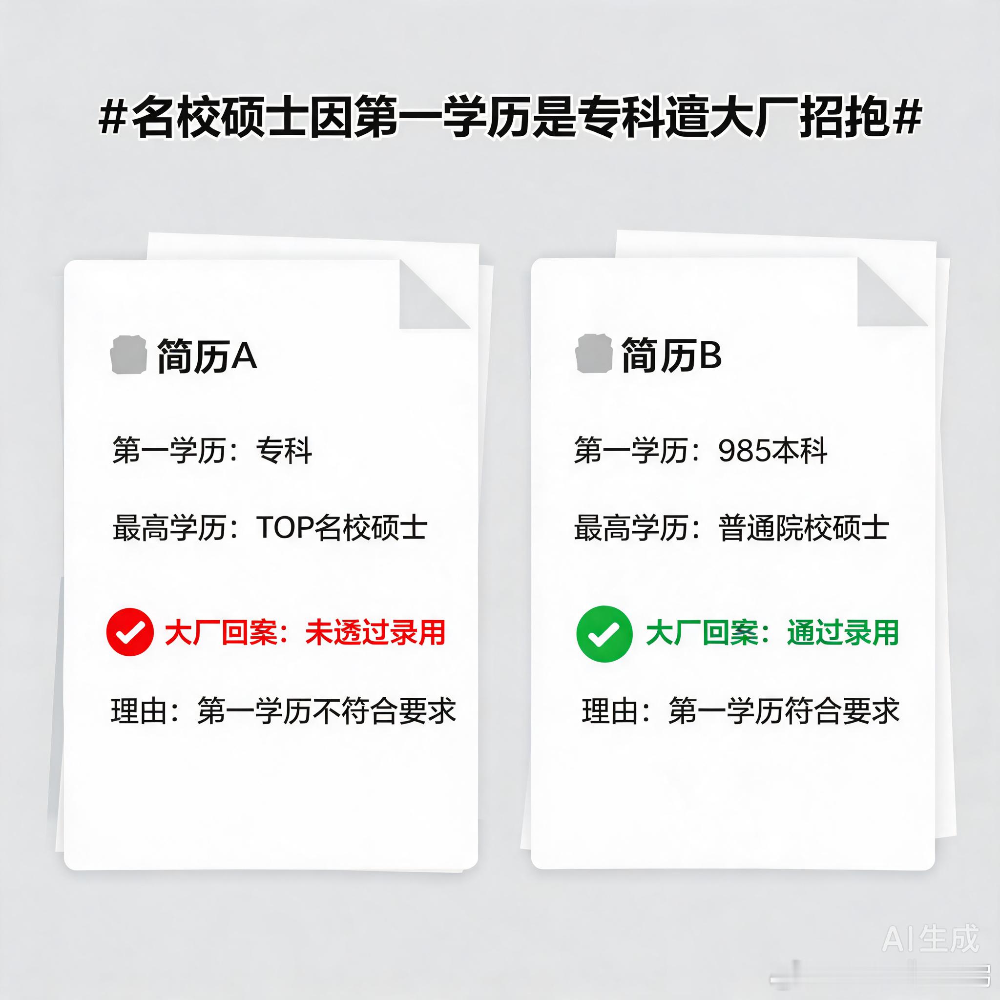 #名校硕士因第一学历是专科遭大厂拒绝#
第一学历歧视，其实是一个司空见惯的事情。

对于普通的就业者，第一学历就好像现代意义的“出身”一样。无论你考了多好学校的硕士，甚至是考到了名校博士，到就业的最深一环，面试官和公司还是会揪住你那不够看的第一学历。

这不是某一个人或者公司的原因，而 ​