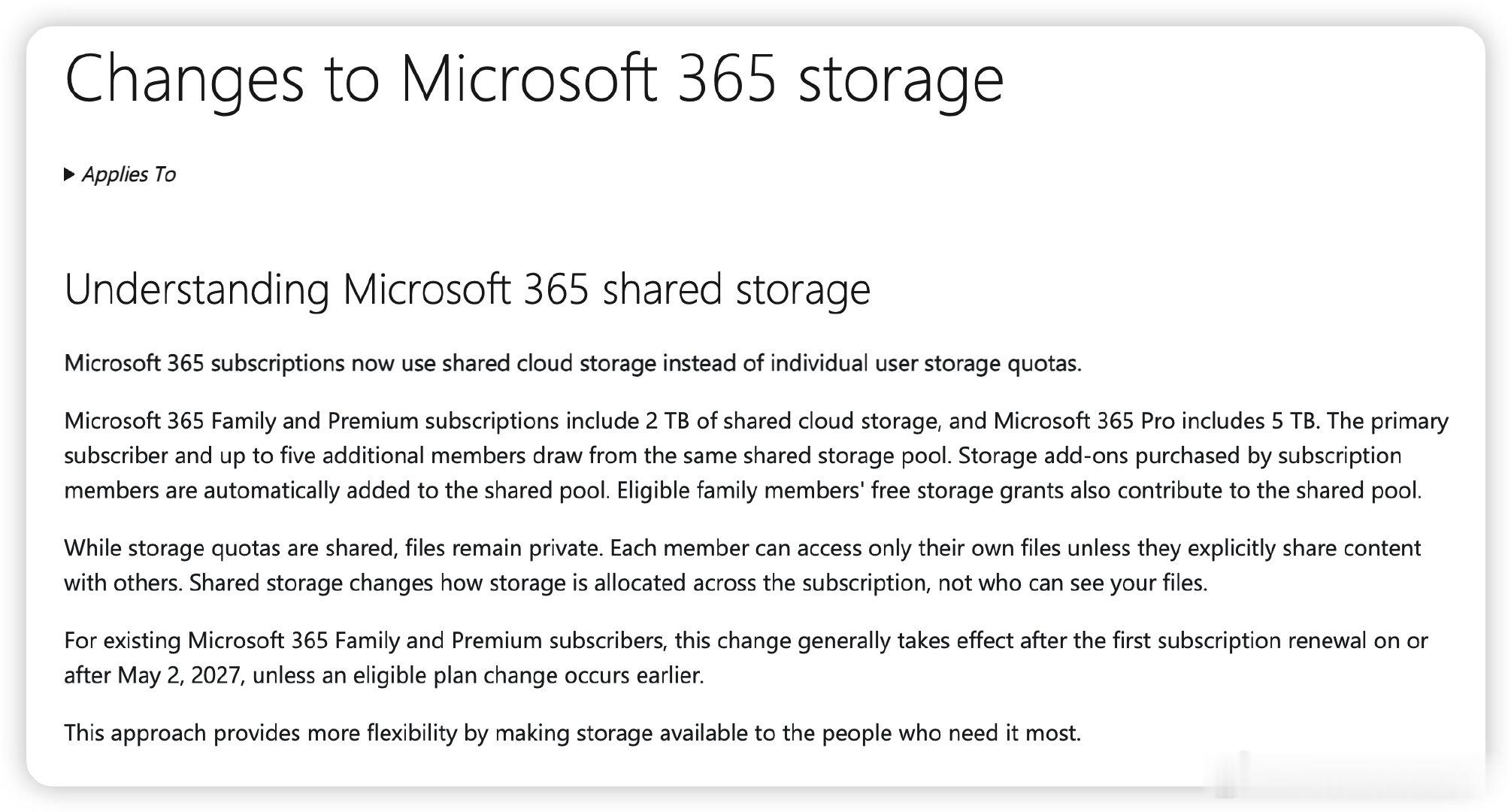 微软改了 Microsoft 365 家庭版的存储政策。之前是每个成员固定 1TB，新政策下则是所有成员共用 2TB 存储池。虽然每个人的文件依旧相互独立，但容量不隔离，先占先得，这就破坏了 Microsoft 365 拼车的基础。之后 Microsoft 365 该如何买，可以参考这篇博文： ​
