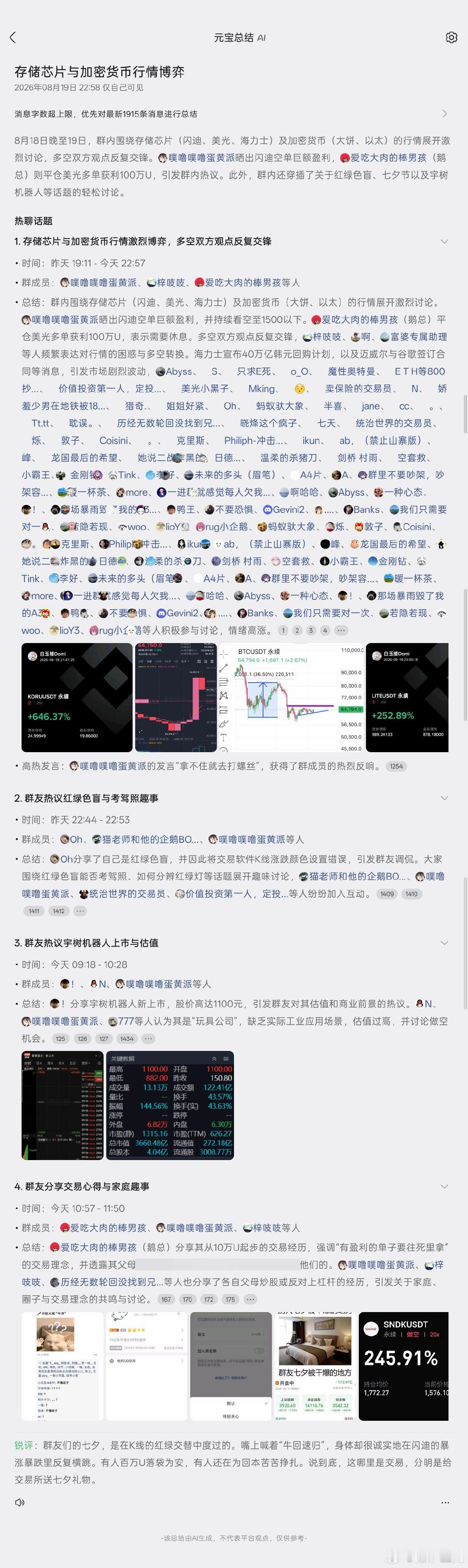 1. 存储芯片与加密货币行情激烈博弈，多空双方观点反复交锋
2. 群友热议红绿色盲与考驾照趣事
3. 群友热议宇树机器人上市与估值
4. 群友分享交易心得与家庭趣事 ​