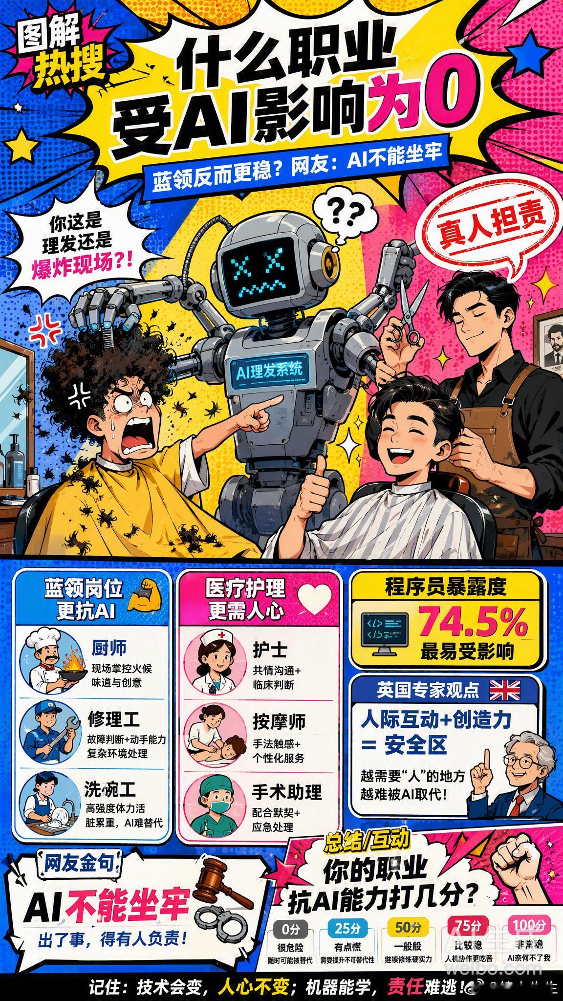 #什么职业受AI影响为0# 最近这个话题又上热搜了，不少网友一边用着AI写方案、做PPT，一边默默担心：我的饭碗还能端多久？

据微软和Anthropic等机构的研究，目前受AI冲击最小的职业有个共同点——需要「肉身在场」和「真人担责」。

几个有意思的发现：
· 蓝领岗位反而更稳：厨师、摩托车修理工、救生 ​