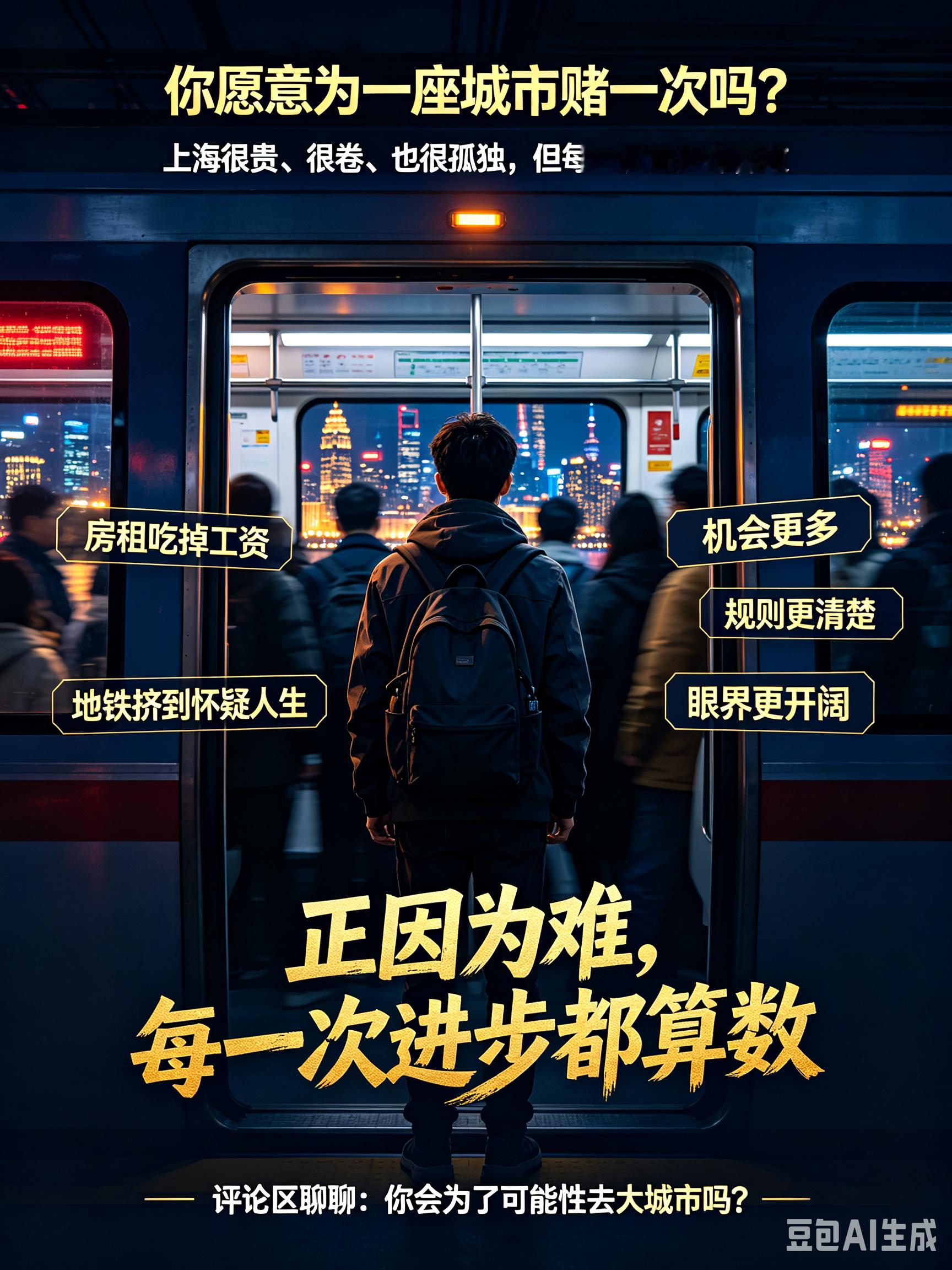 标题：为什么我宁愿在上海挤地铁，也不愿回小城躺平？
Deepseek分析:
如果问我为什么想去上海，答案很现实：这里把“可能性”放到了最大。

第一，机会密度高。陆家嘴的金融、张江的科技、静安的广告、徐汇的文创，几乎每个行业都能找到头部公司。小城市可能只有几条路，上海给你无数条路。

第二，规则相对