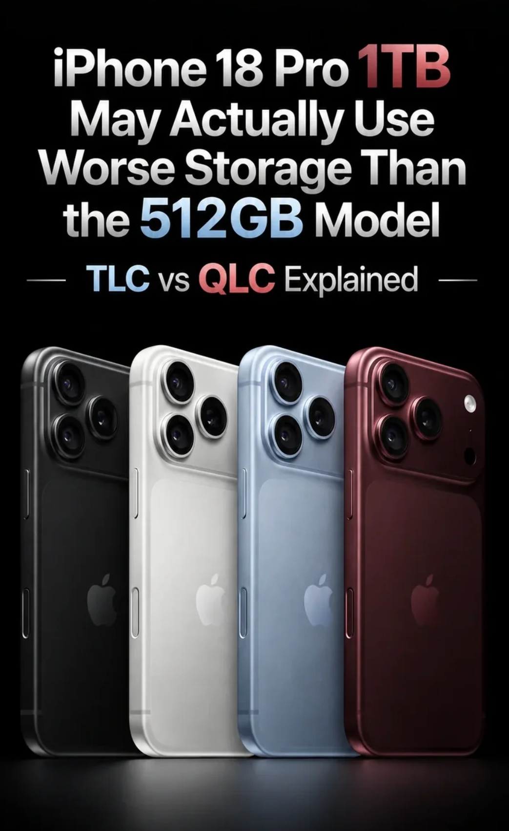 【#iPhone18Pro1TB采用QLC#】

最新爆料显示，iPhone18 Pro 出现存储分级缩水：256GB、512GB 依旧使用 TLC 闪存，而 1TB 版本改用 QLC 颗粒，2TB 版本全系 QLC。QLC 成本更低、读写寿命弱于 TLC，高价大容量机型反而降级，引发大量用户争议。

有网友吐槽，顶配机型缩减闪存规格，长期大量存视频素材， ​