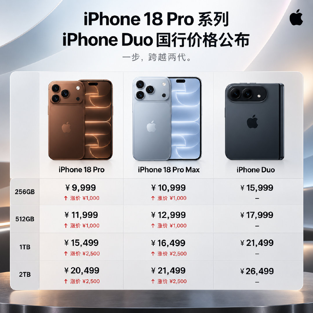 猜对了，Duo是15999起#iPhone18Pro价格#
两张图看懂25年和26年iPhone价格区别
以及iPhone Duo的价格

无一万、不高端 [并不简单] ​
