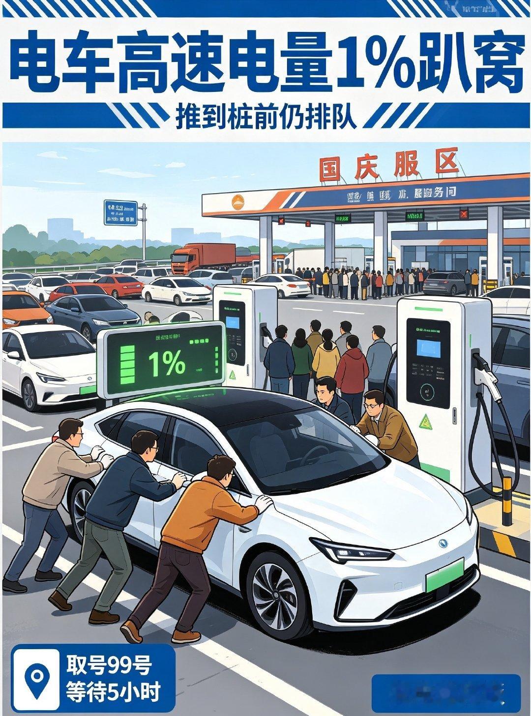 #电车高速电量1%趴窝推到桩前仍排队#🔥
国庆高速电车名场面，电量仅剩1%趴窝。
大伙合力把车推到充电桩跟前，前面却排着几十台车。
取号99号，最长等待5小时，充电像食堂打饭。
续航焦虑不可怕，排队充电才是节假日电车长途最大难题。 ​