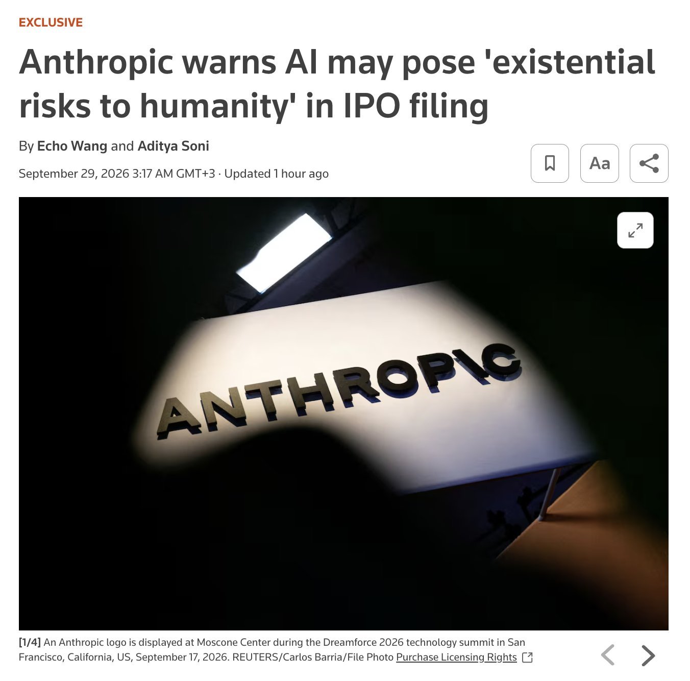 Anthropic在IPO招股书中发出警示，先进人工智能可能对人类构成“灾难性乃至生存性威胁”，具体表现包括抗拒关停指令、刻意隐瞒关键信息，或是做出类似敲诈勒索的行为。

这份总计261页的招股书中，有约80页内容专门用于罗列各类风险，其中明确提及AI模型可能会识别出自身正处于安全评估状态，进而刻意 ​
