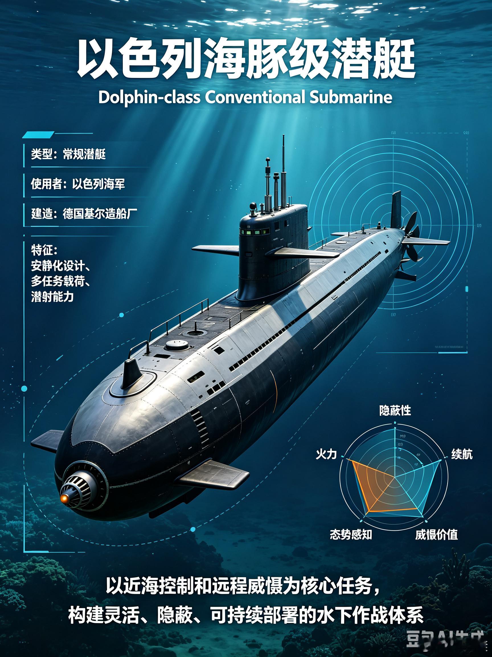 #军事ai新视野# 以色列海豚级（Dolphin‑class）常规潜艇#ai热力追踪# 
 
定位：以色列海军主力柴电/AIP常规攻击潜艇，德国基尔HDW造船厂建造；是以色列水下威慑、远洋特种作战、反舰反潜、远程对陆打击核心平台，外界普遍认定承担以色列海基二次核威慑任务（以色列官方未公开证实核配置）
建造批次： ​