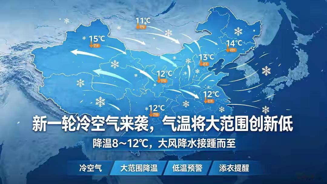 断崖式降温来袭！多地骤降12℃，风雨齐发，厚衣服抓紧穿
 
全国天气迎来大幅跳水。强冷空气自北向南快速推进，中东部开启大范围降温模式，秋日暖意瞬间清零。
 
本轮降温力度十分凶猛。北方普遍降温8至12℃，局部降幅高达14℃。华北、东北最先感受寒意，江淮、江南陆续接力降温。多地气温创下入秋新低。昼夜温