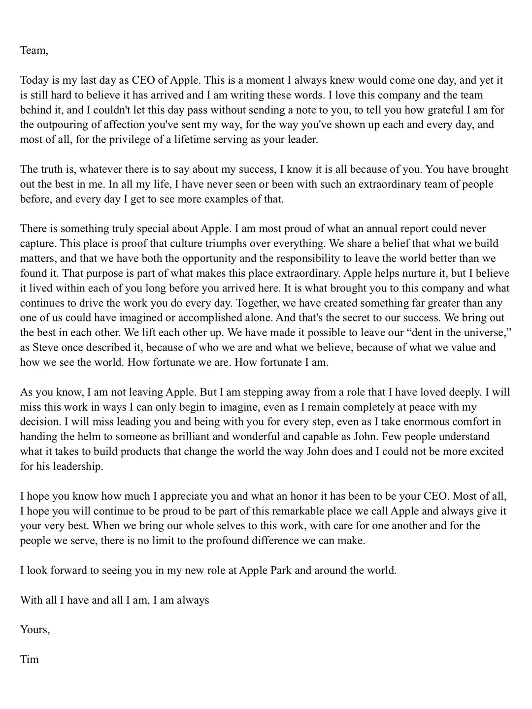 Tim Cook卸任Apple CEO给全体员工的一封信