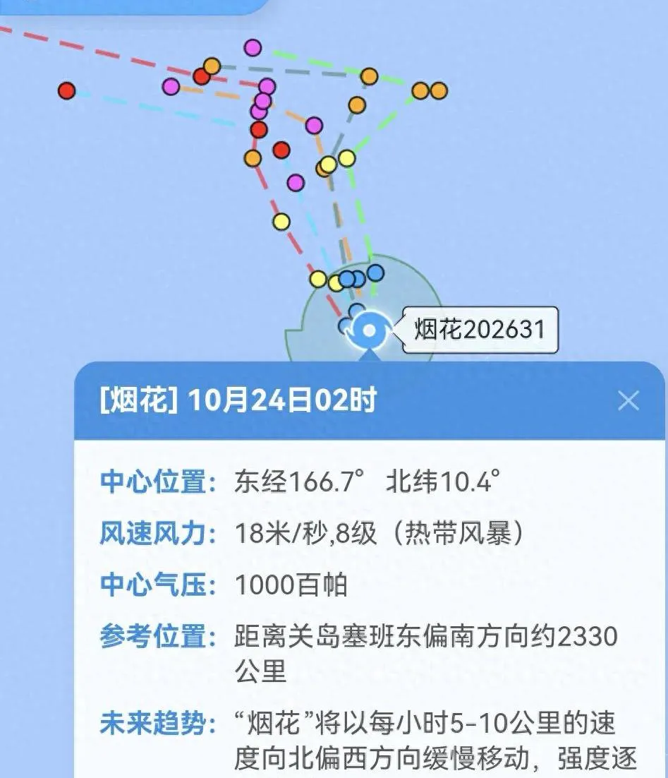 同名台风烟花生成，要不要提前防备？

凌晨两点，西北太平洋今年第31号台风“烟花”生成，目前是8级热带风暴，后续还有增强的潜力。

它走得特别慢，每小时才5到10公里。台风移动越慢，路径、强度变数就越大，得持续盯预报更新。

不少人一听见“烟花”这个名字心里就发紧，还记得2021年那一个，在浙江滞留
