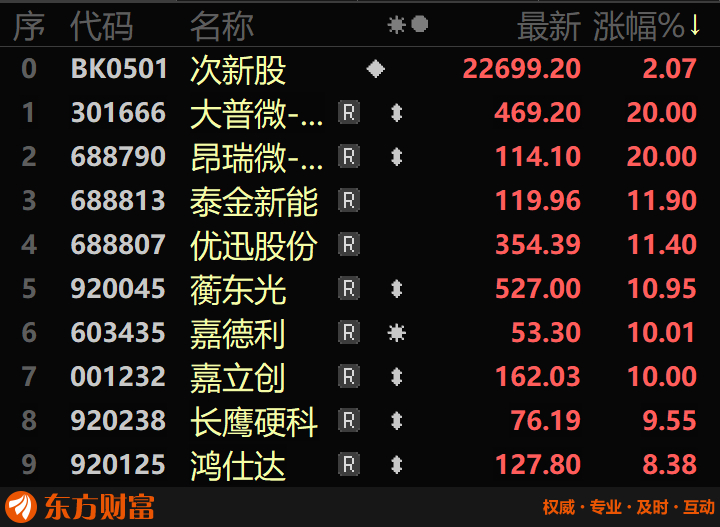 8月27日深次新股4只股票涨超10％。大普微-UW获20％涨停。蘅东光、嘉德利、嘉立创上涨10％。

远端超跌+中盘高价+预盈预增+机构重仓+IT设备/存储芯片/国产芯片/数据中心/专精特新/DeepSeek概念/英伟达概念/抖音概念/小红书概念/阿里概念/百度概念题材股大普微-UW 高开后快速封板，获上市后第3个20％涨停 ​