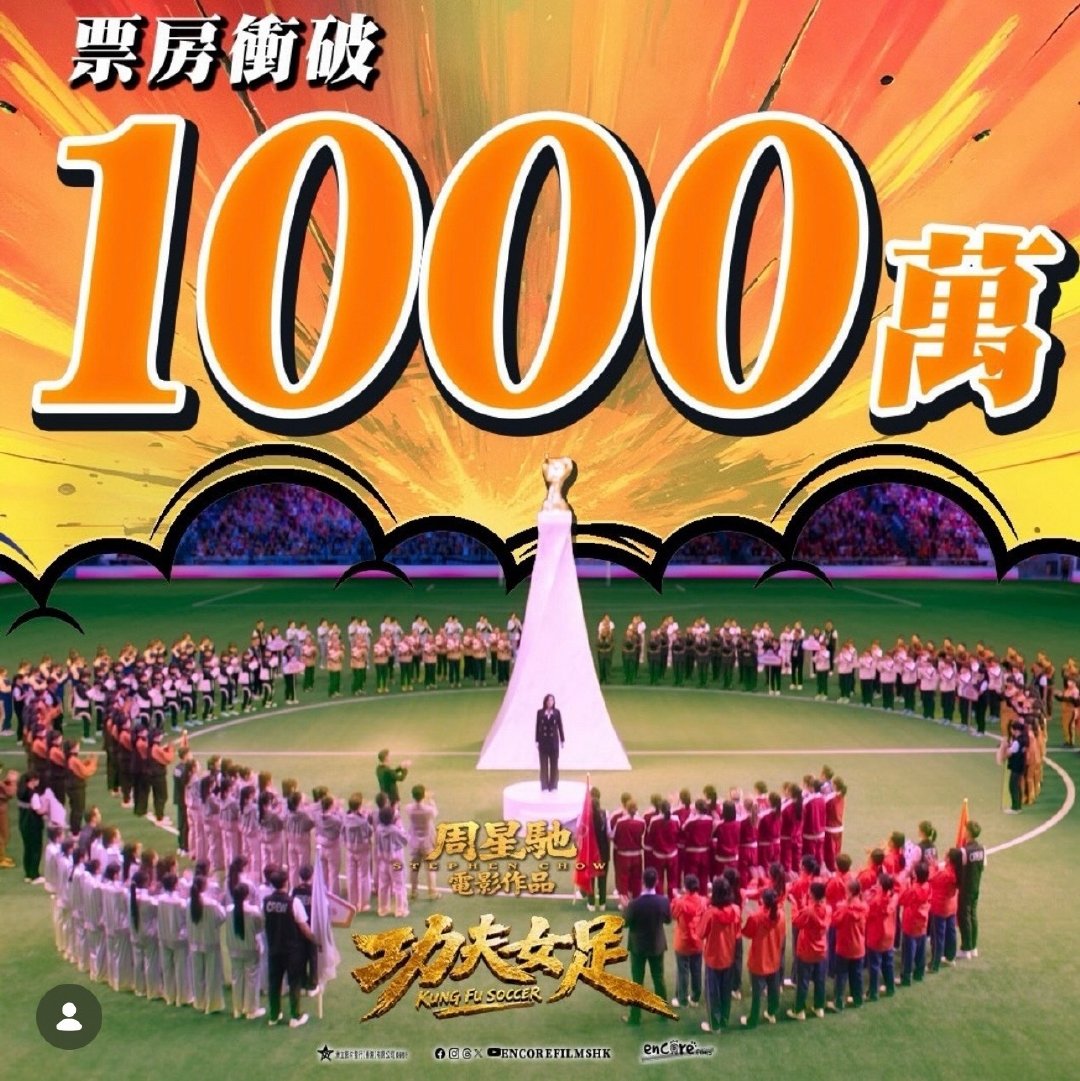 周星驰导演，张小斐、迪丽热巴、张艺兴主演的电影电影《功夫女足》中国香港上映票房破1000万。上映时间比内地迟一个月，领衔主演没有中国香港演员，没有粤语版，这个成绩挺不错了#电影正当夏##我在微博聊电影# ​