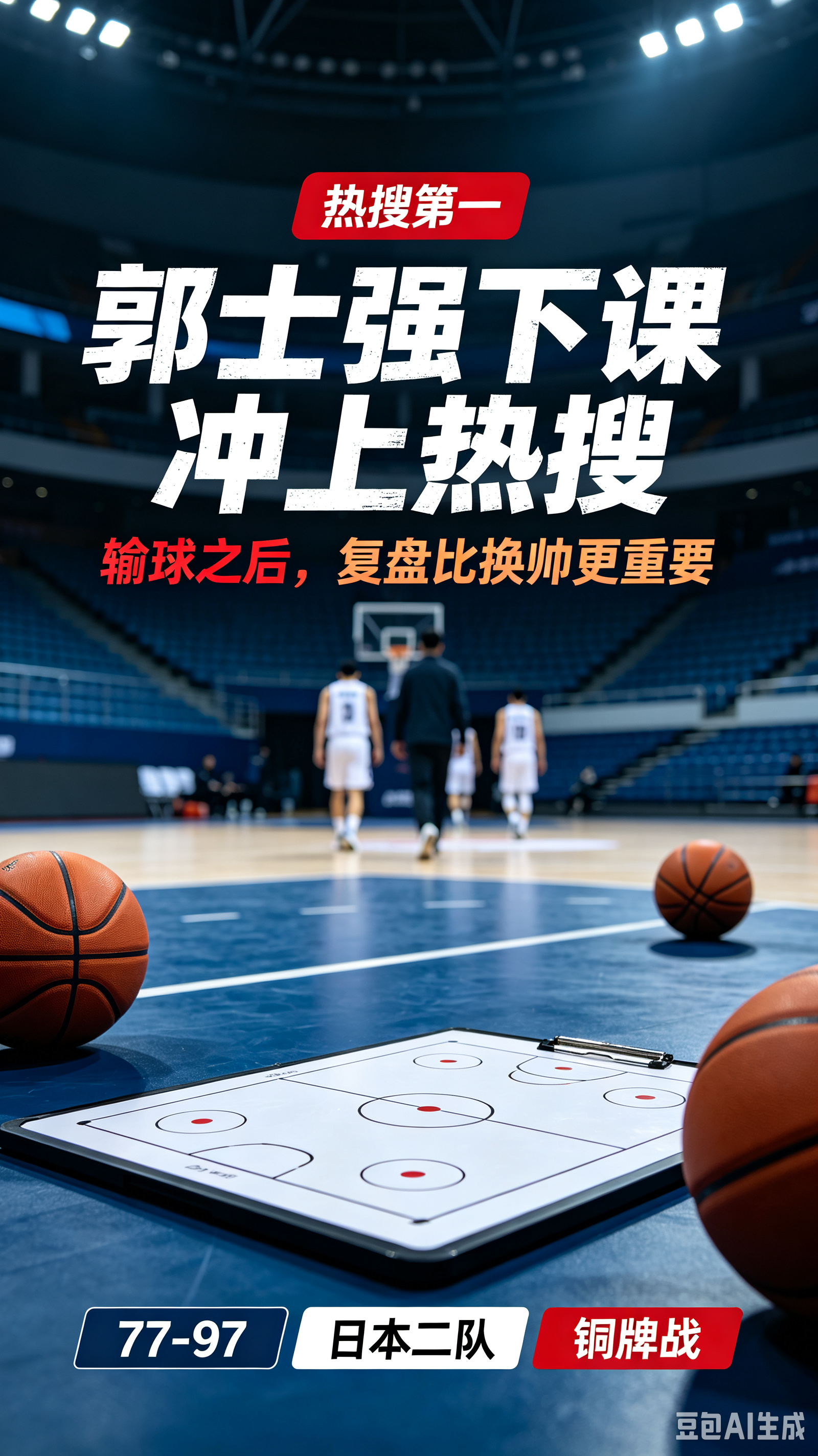 男篮77‑97不敌日本二队：热搜刷屏背后，远不止换帅那么简单
 
77比97，20分的分差，中国男篮在名古屋亚运会半决赛败给日本，无缘决赛。更加刺痛球迷的是，击败我们的，仅仅是一支缺少海外核心球员的日本二队，比赛当中最大分差一度达到35分，攻防两端全面陷入被动。比赛结束之后，