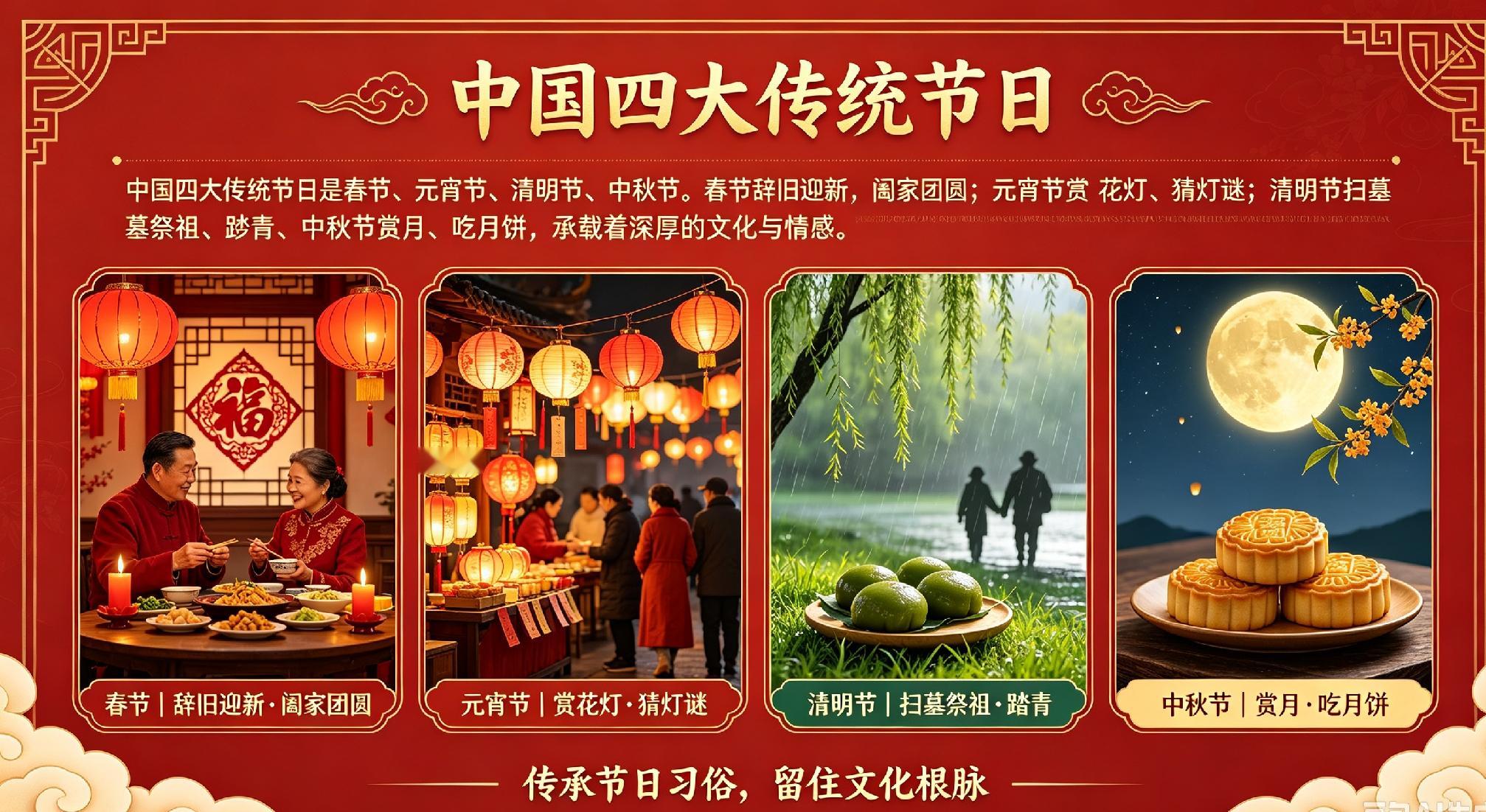 [微风]问答：
[燃烧的心]问：我国四大传统节日是什么？
[微风]答：
我国四大传统节日分别是春节、清明节、端午节、中秋节。春节辞旧迎新，清明祭祖踏青，端午纪念屈原、食粽赛龙舟，中秋阖家赏月吃月饼，承载着世代中国人的民俗与团圆情怀。
