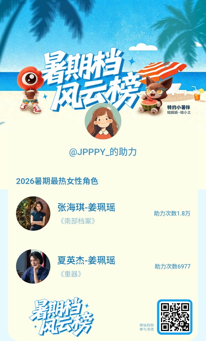 #姜珮瑶[超话]#【暑期档风云榜】活动进行中，快来助力她成为今夏最热！#2026暑期最热女性角色# ​