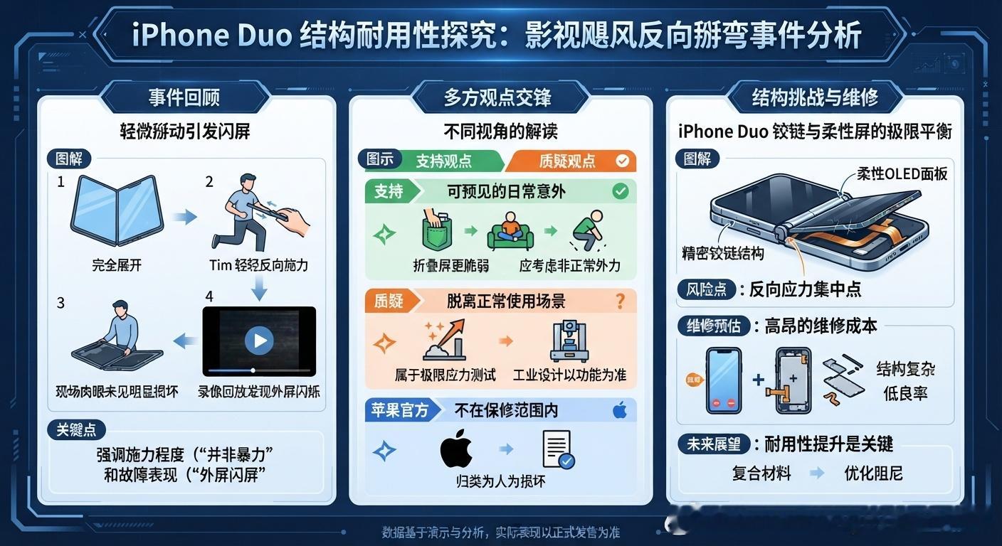 #影视飓风 iPhoneDuo# 视飓风创始人Tim在上手苹果首款折叠屏手机iPhone Duo时，在体验区测试其结构可靠性，将完全展开的手机朝正常折叠的反方向轻轻掰了一下。当时肉眼看机身没有明显异常，但事后回看录制视频时，发现外屏已经出现了闪屏故障。

Tim在视频中强调自己“绝对没有用力掰”，并以此指出折 ​