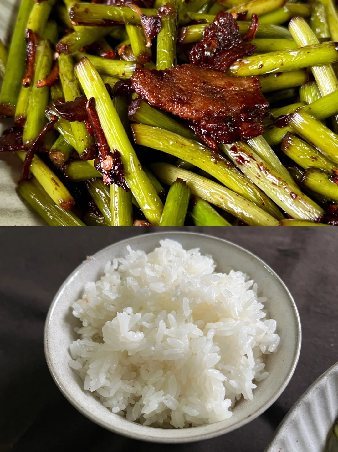 🌧️｜超级下饭菜🌶️｜干煸蒜苔五花肉+葱香炒