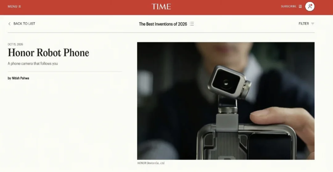 荣耀Robot Phone入选《时代周刊》2026年度最佳发明主榜
	
荣耀Ro