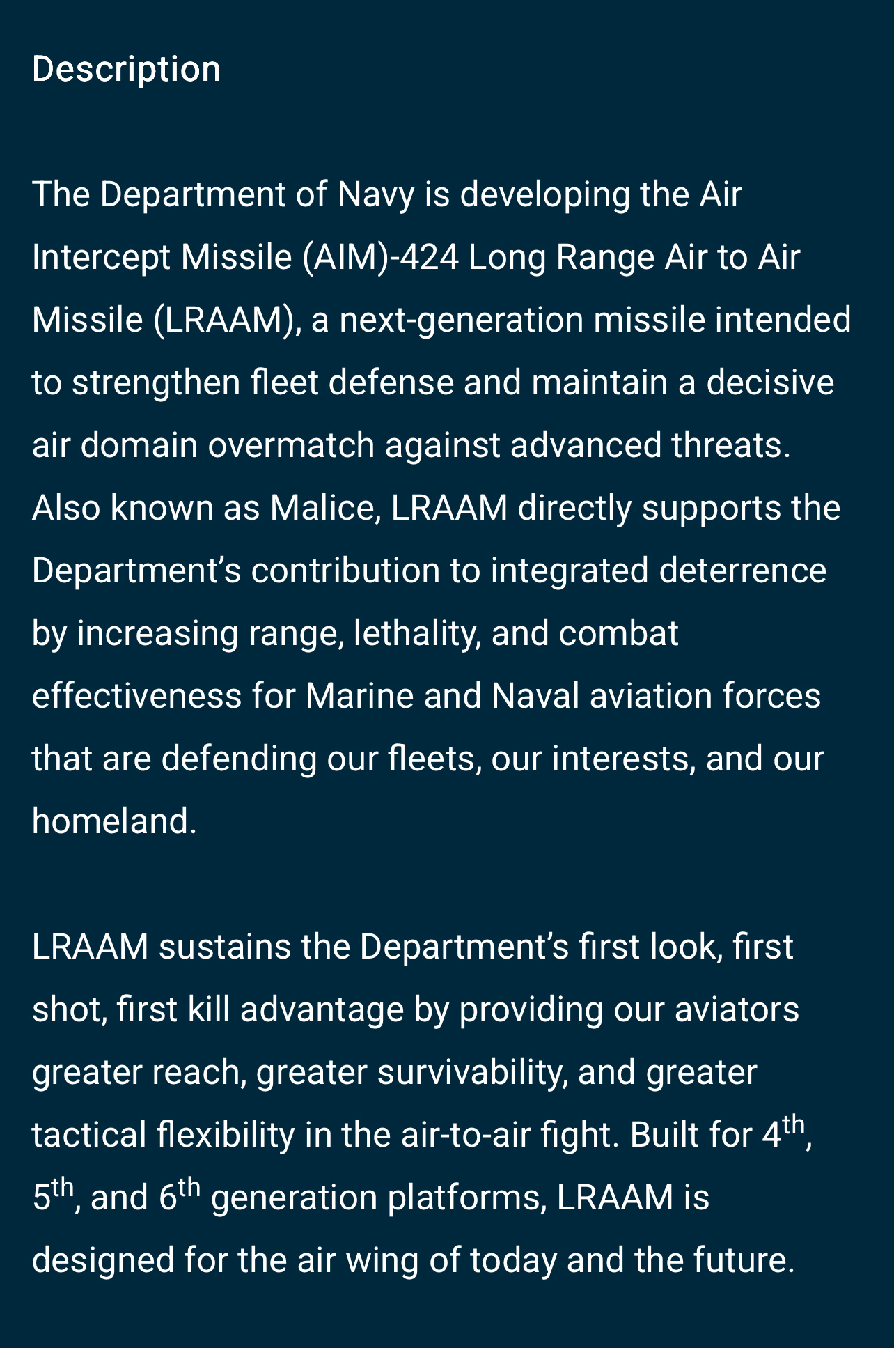 AIM-424：

制造商：Raytheon

项目名：Long Range Air to Air Missile (LRAAM)

长度：4.11米 （F-22：“卧槽你妈！[怒]）
直径： 13.5寸（太标准了[笑而不语]）
翼展：0.67米
重量：680.4kg
射程：超过250nm（463km） （看看得了，不可能说实话）
动力：固体火箭
战斗部：破片 ​