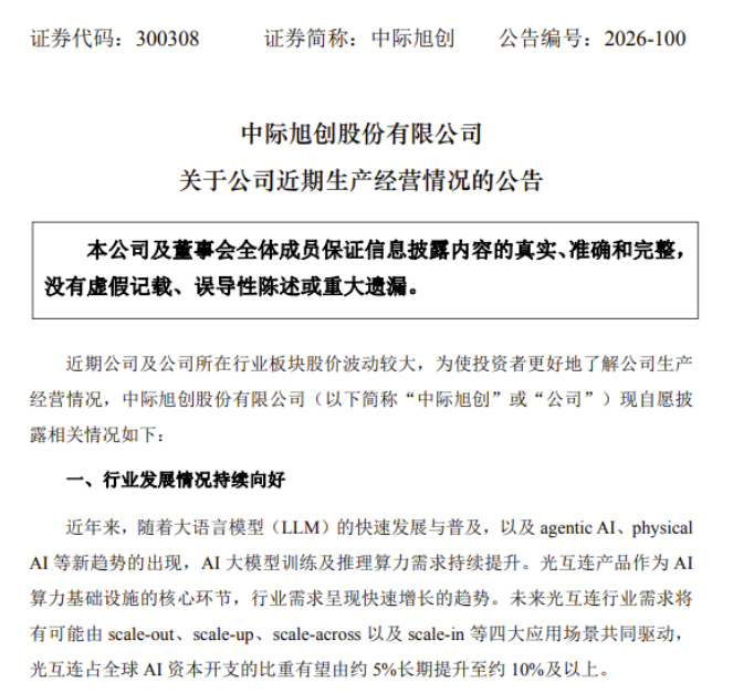 【#易中天午后直线拉升翻红#，CPO龙头午间密集释放利好】
据证券时报报道，10月23日午后，光模块龙头“易中天”集体快速拉升。中际旭创、新易盛、天孚通信跌幅显著收窄，并相继转涨。截至发稿，新易盛涨0.77%，中际旭创涨2.5%，天孚通信涨1.25%。创业板指同步快速拉升翻红，早盘一度跌超3%。

据21世纪 ​