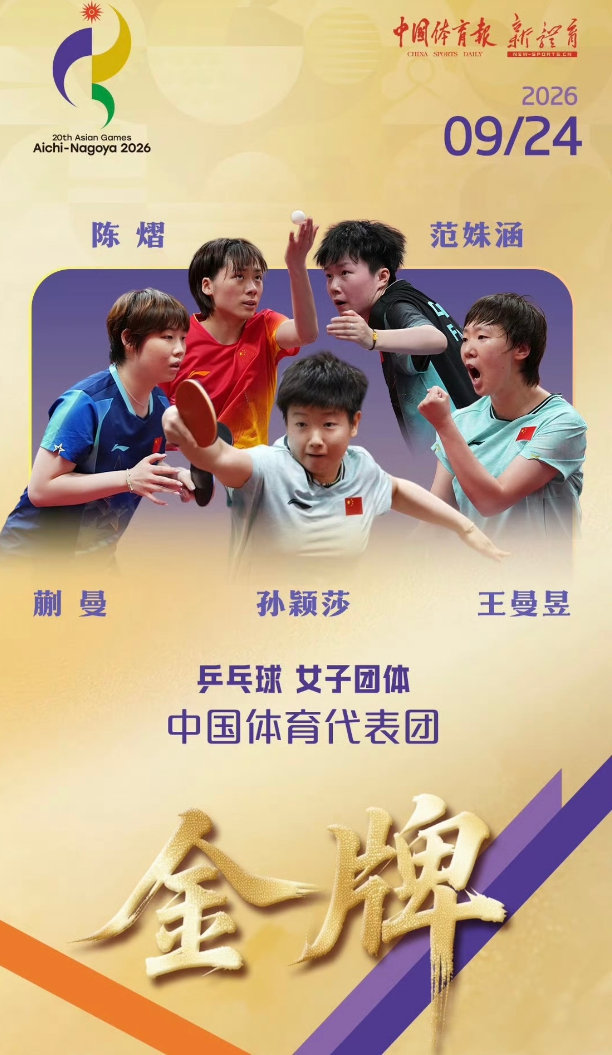 国乒女团金牌🏆恭喜国乒女团！3:0横扫日本队，拿下名古屋亚运会乒乓球女团金牌🇨🇳这是国乒亚运女团第12枚金牌，更是六连冠的荣耀！孙颖莎、王曼昱、蒯曼并肩作战，王曼昱决胜局极限逆转，每一分都惊心动魄。 ​​​