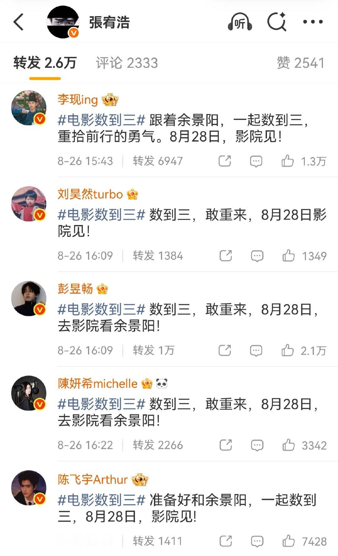 #周迅宣传张宥浩电影##好多明星给张宥浩宣传电影# 真的好多人给张宥浩宣传电影《数到三》[期待]周迅、黄渤、李现、刘昊然、陈飞宇、周也、关晓彤、王星越、彭昱畅、陈妍希、周雨彤、庄达菲多位明星都转发宣传了[拜托] ​