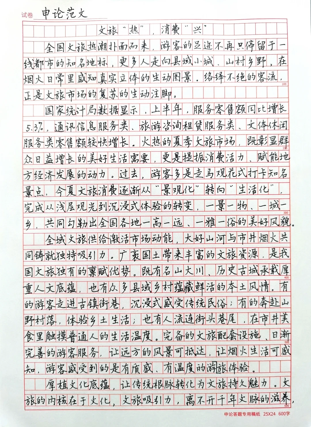 硬笔楷书手抄申论优秀范文《文旅热消费兴》