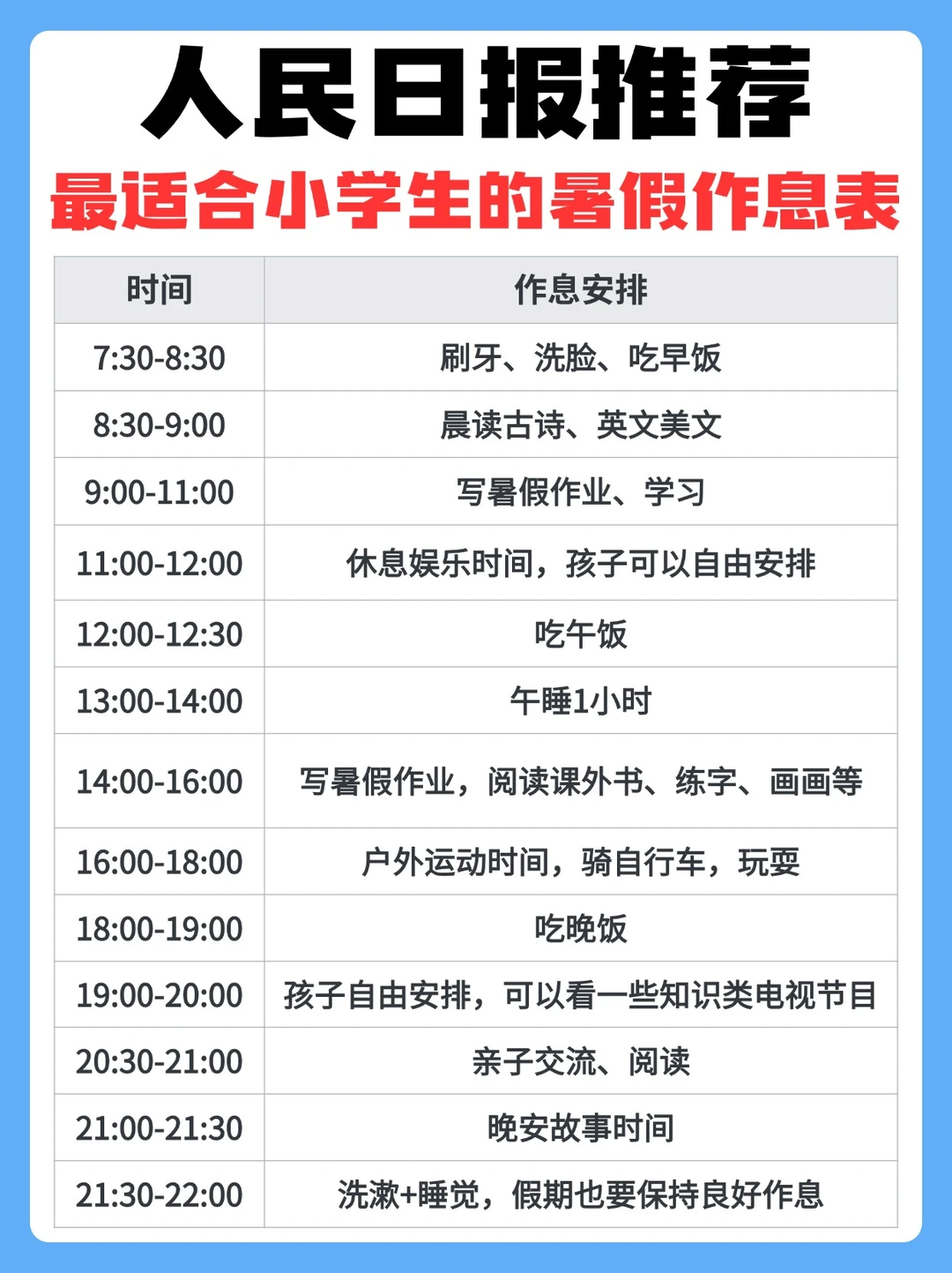 🔥 人民日报建议:小学暑假时间表+学习安排
