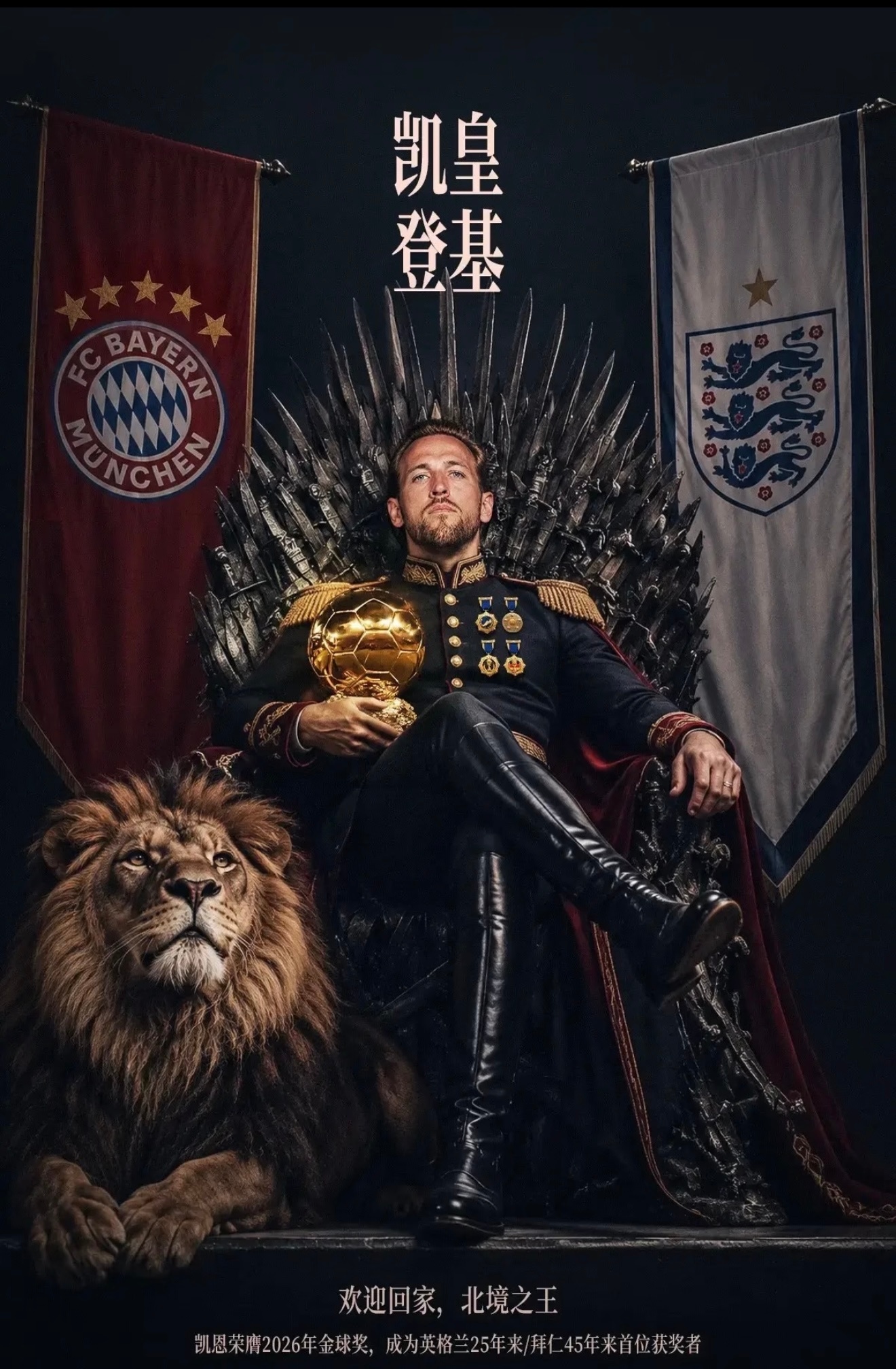 🔥凯皇登基！欢迎回家，北境之王
凯恩荣膺2026年金球奖，成为英格兰25年来、拜仁45年来首位斩获该奖项的球员。

2026年金球奖1~10完整排名：
第1名，凯恩（拜仁慕尼黑/英格兰）
第2名，查无此人
第3名，亚马尔（巴塞罗那/西班牙）
第4名，罗德里（曼城&巴塞罗那/西班牙）
第5名，梅西（迈阿密国际/阿 ​