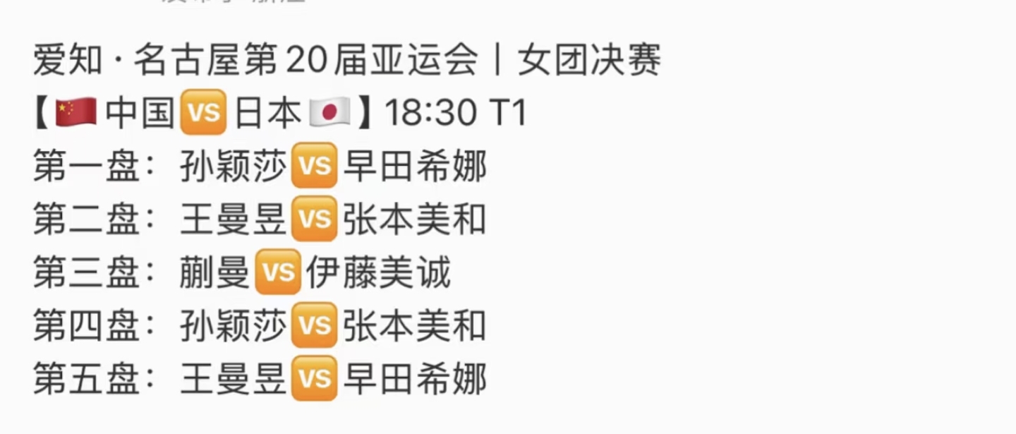 亚运会乒乓球女团决赛阵容