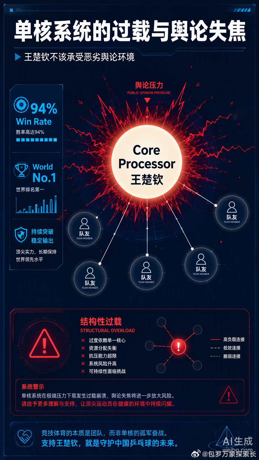 王楚钦这次被骂，本质上是一次**单核系统的过载崩溃与外部舆论的失焦狂欢**。

从系统论的视角看，国乒男团目前的架构是一个极度依赖“核心处理器”的脆弱网络。决赛阵容里除了王楚钦是世界第一，其余选手的排名呈现出明显的断层。教练组的排阵逻辑实际上是将整个团队的容错率压缩到了极致：王楚钦必须 ​