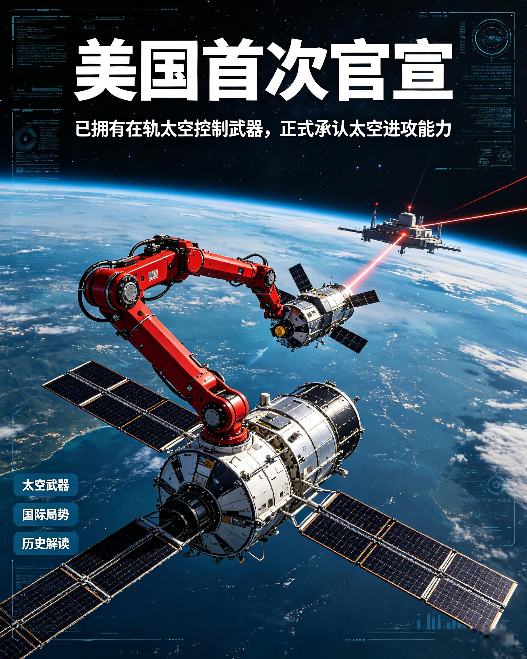 美国首次官宣！已部署在轨太空控制武器，公开承认掌握太空进攻作战能力
 
当地时间14日，美国空军部长公开表态，美国已经拥有在轨太空控制武器。这是美方第一次正式承认，自己掌握太空领域的进攻性作战能力，消息一出瞬间震动全球地缘格局。
 
很多人总把太空当成单纯科研探索的领域，但从冷战起，大国博弈的战场早