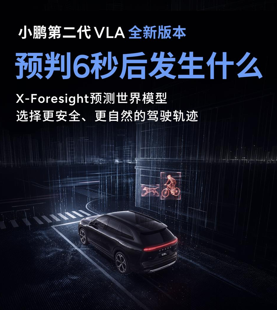 小鹏第二代 VLA 可推演未来 6 秒周围环境的运动轨迹 意味着什么？

传统智驾大多只能基于当下画面、1~2 秒内预判（相当于看到危险才紧急刹车）；第二代 VLA 可以提前推演未来 6 秒所有车辆、行人、电动车的多条可能运动路径，它不再只识别障碍物，而是预判人的意图和风险演化，核心价值是提前规避