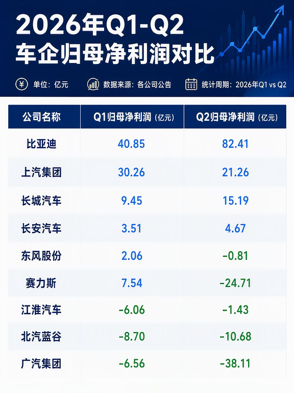 大A车企：Q1与Q2归母净利润对比