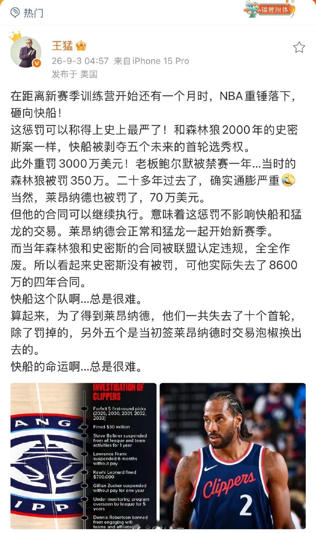 还有一个月训练营，快船先挨一记闷棍：3000万美元加五个首轮被罚掉，鲍尔默被禁赛一年。伦纳德个人罚70万，合同继续有效。算上换乔治送出的五个首轮，快船为小卡总共丢了十个首轮，太难了。 #王猛谈快船队被罚3000万美元##王猛谈伦纳德回应NBA处罚##伦纳德回应NBA处罚# ​