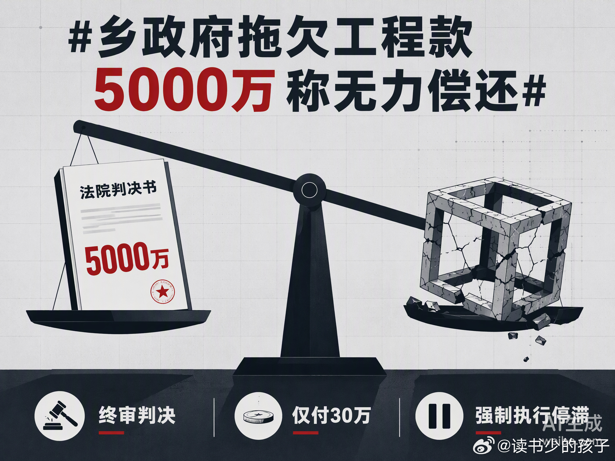 看热搜聊“乡政府拖欠工程款5000万称无力偿还”，心里那股子对契约底线的紧绷感又上来了。

丰城同田乡政府在乡镇建设工程中拖欠中海海洋建工集团款项，法院终审判令支付本息超5000万元。这种在生效判决面前遭遇的“结构性失信”，直接让企业的合法权益陷入了极度的焦虑。咱们平时总说拒绝被营销话术推 ​