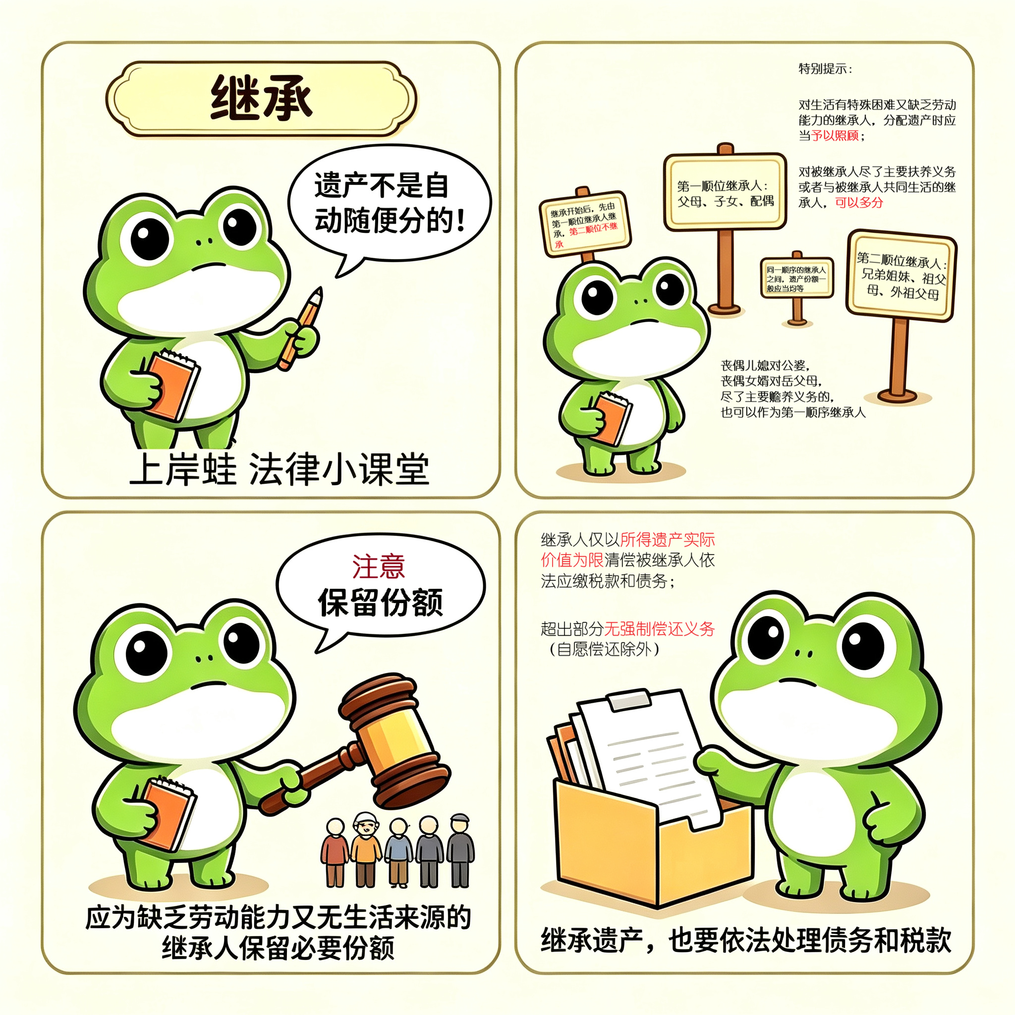 法定继承 

（一）继承顺序（第1127条） 
第一顺序：配偶、子女、父母 
第二顺序：兄弟姐妹、祖父母、外祖父母 
子女/父母/兄弟姐妹含婚生、非婚生、养、有扶养关系的继亲 
丧偶儿媳/女婿尽主要赡养义务→第一顺序（第1129条）  

（二）代位继承（第1128条） 
被继承人子女先死→直系晚辈血亲代位（不 ​