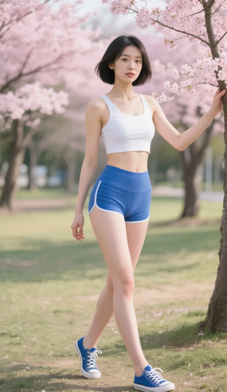 短发美女穿着体操服和帆布鞋在樱花公园拍照，美景配美人让人觉得非常的赏心...