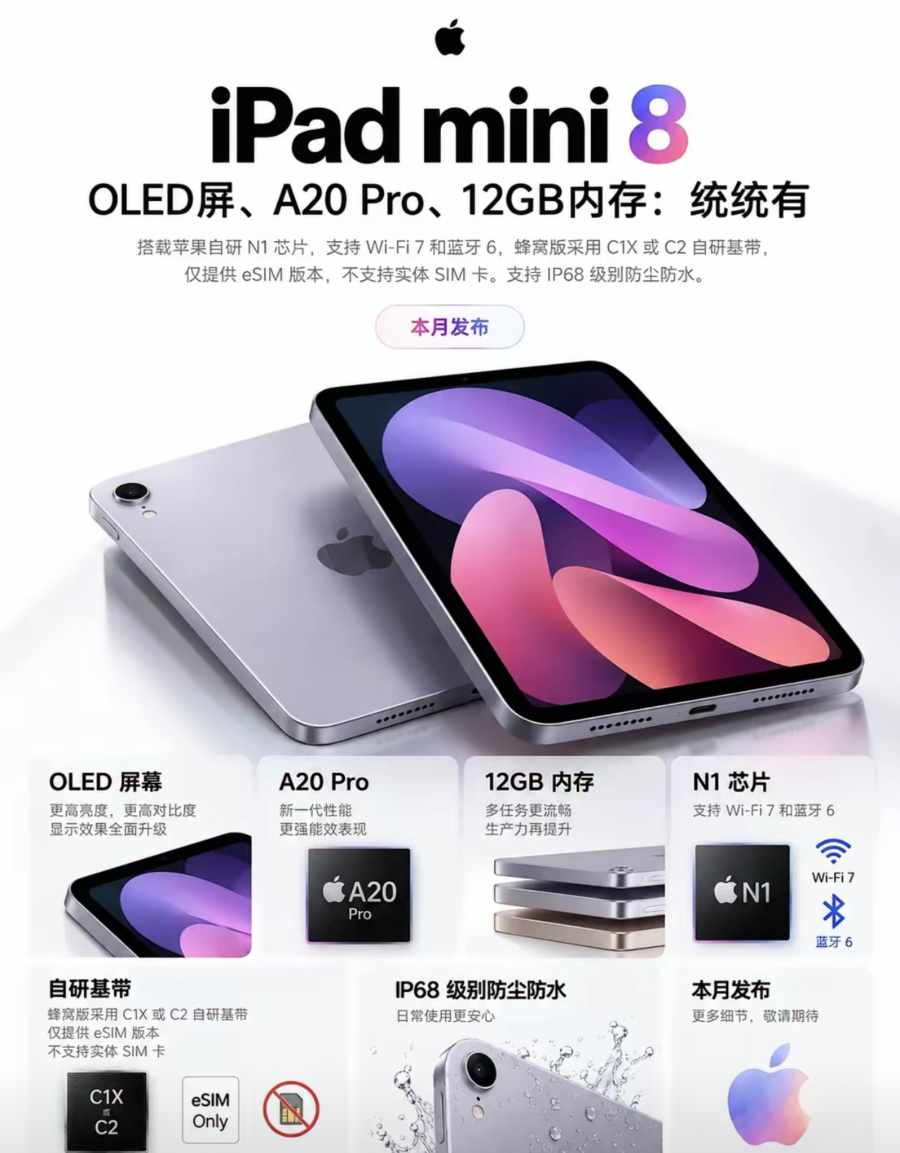 iPad mini 8重磅爆料！
OLED屏+自研芯片，小平板迎来大升级

苹果iPad mini 8爆料信息流出，这款小尺寸平板预计本月发布，多项核心配置迎来大换代。

屏幕将升级为OLED材质，拥有更高亮度与对比度，画面观感大幅提升。性能搭载A20 Pro芯片，配备12GB大内存，多任务运行更流
