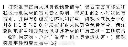 [海珠发布雷雨大风黄色预警信号]受西南方向移近和我区局地生成的雷雨云团...