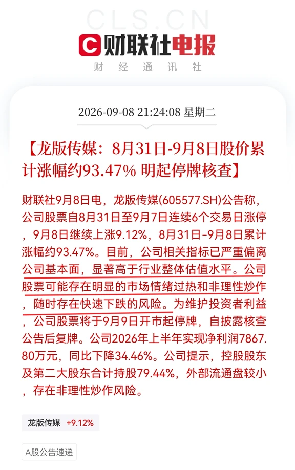 龙版传媒9月9日起停牌核查