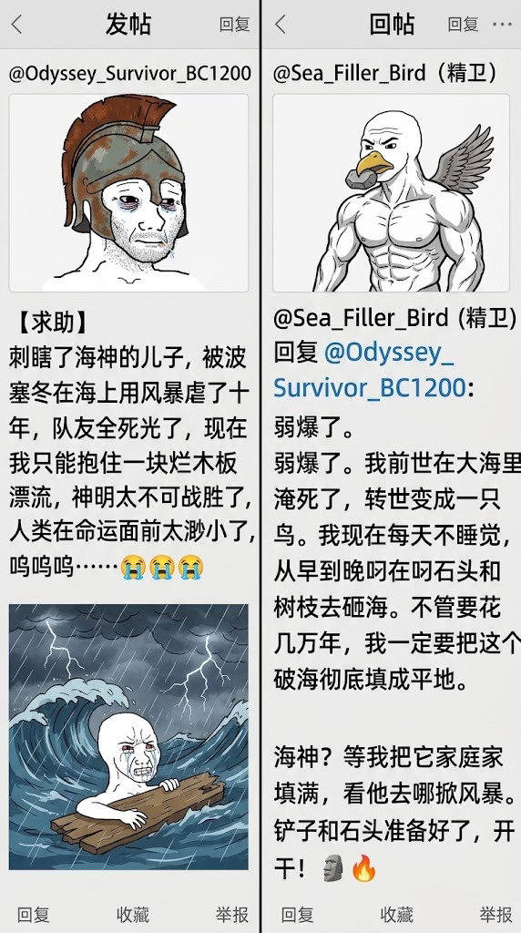 奥德修斯抱木板，华夏小鸟直接填海