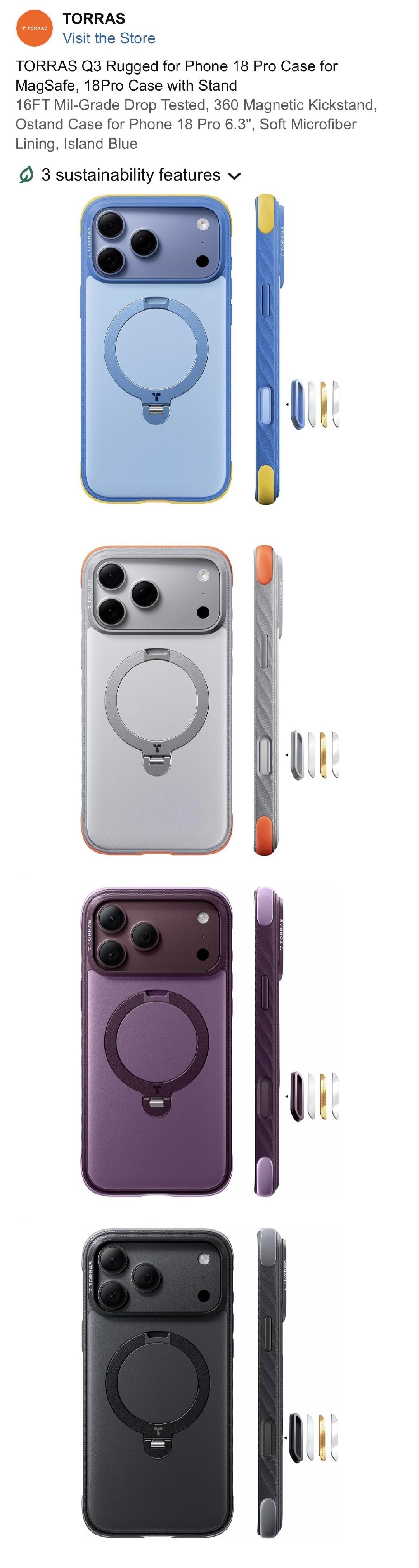 TORRAS 提前曝光了18Pro的保护套宣传图
可以确定的是 和 iPhone17Pro通用，四种配色也曝光了出来。
曜石黑色（Jet Black），星光银色（Sunrise Silver），天蓝色（Island Blue ），梅紫色（Plum Purple） ​