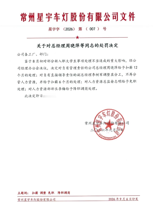 星宇这次的罚单，我觉得够分量了。

今天被媒体披露的那份文件，处理的四个人是从上往下排的。董事长兼总经理周晓萍，扣薪12个月。常务副总李树军，手上的人事分管权拿掉，再扣6个月薪。往下，管人力资源的总监免职，部长降职调岗。落款是常州星宇车灯，编号都印在上面，即日生效。

很多人第一反应是，这不还是拿底