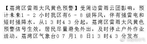【荔湾区雷雨大风黄色预警】受周边雷雨云团影响，预计未来1-2小时我区有...