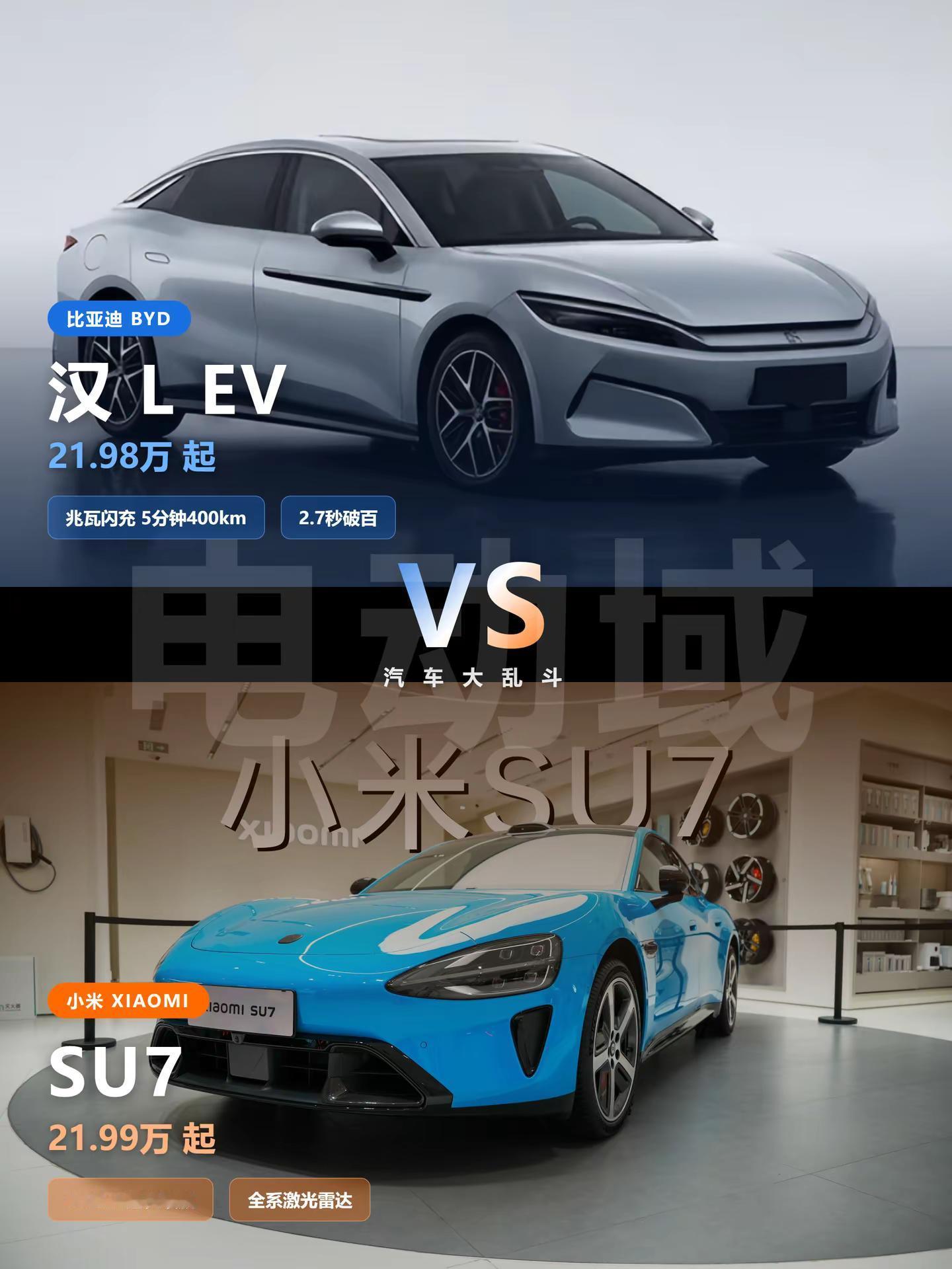 「汽车大乱斗」比亚迪汉L❌新小米SU7。比亚迪汉 L EV 与小米 SU7 2026 款，一个是深耕新能源多年的老牌劲旅，一个是跨界入场便搅动格局的行业新贵。两款车起售价仅差 100 元 —— 汉 L EV 21.98 万，SU7 21.99 万 —— 却走出了两条截然不同的产品路线。汉 L EV