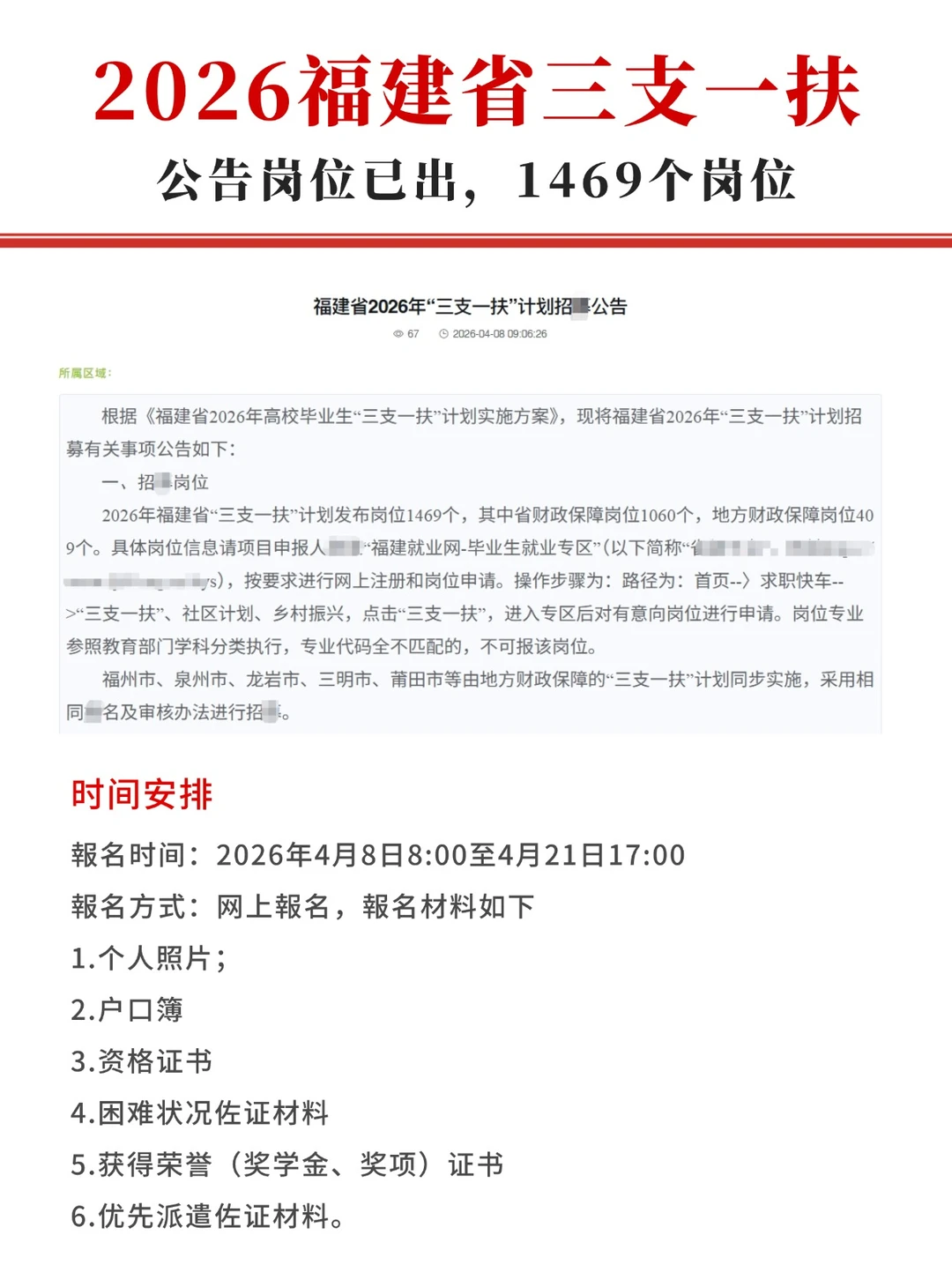 2026福建三支一扶公告已出，1469个岗位！