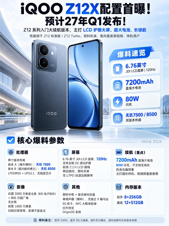 iQOOZ12X配置爆料！预计27年Q1发布！
